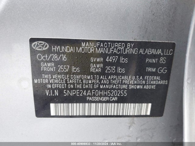 Hyundai Sonata 2017 5NPE24AF0HH520255 Image 9