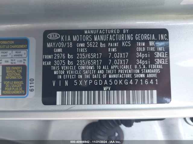 KIA Sorento 3.3l Lx 2019 5XYPGDA50KG471641 Image 9