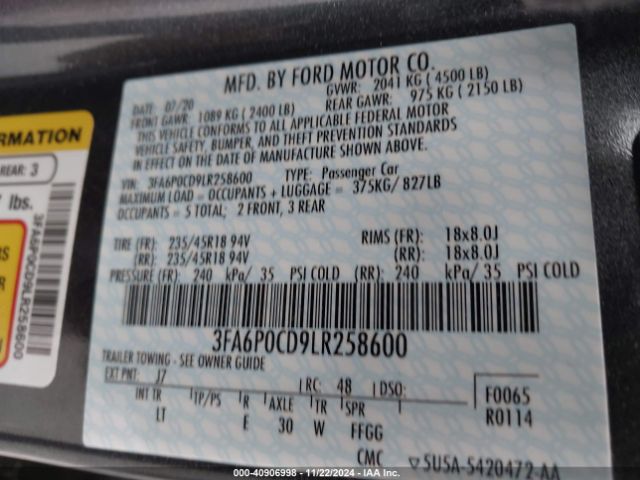 3FA6P0CD9LR258600 Ford FUSION SEL