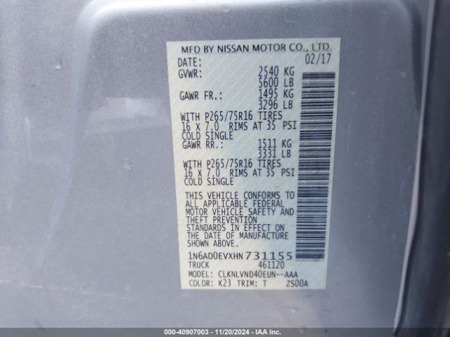1N6AD0EVXHN731155 Nissan Frontier Pro-4x