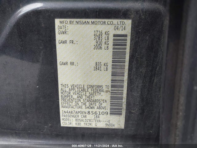 2014 Nissan Sentra Sv მანქანა იყიდება აუქციონზე, vin: 1N4AB7AP0EN856109, აუქციონის ნომერი: 40907129