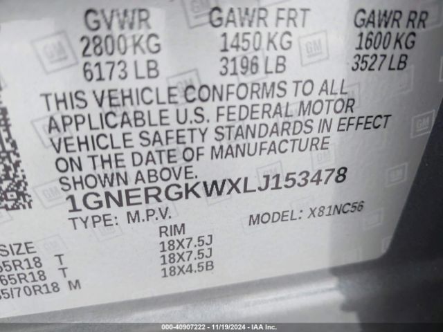 1GNERGKWXLJ153478 Chevrolet Traverse Fwd Lt Cloth