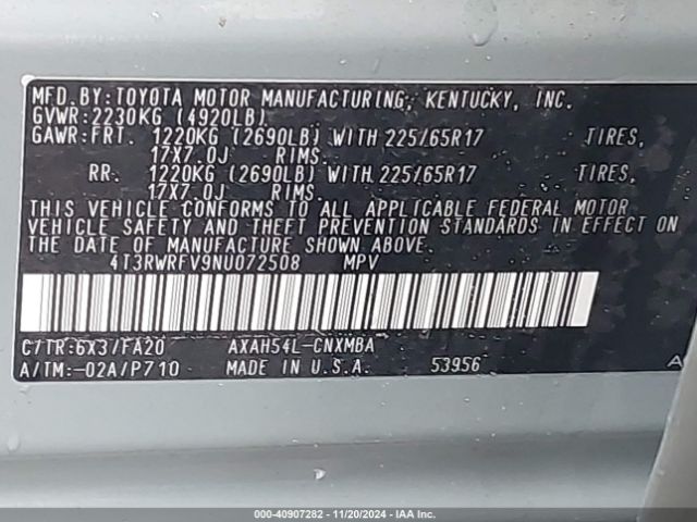 4T3RWRFV9NU072508 Toyota Rav4 Hybrid Xle