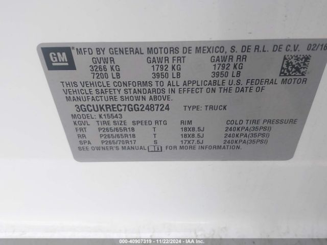 3GCUKREC7GG248724 Chevrolet Silverado 1500 2lt