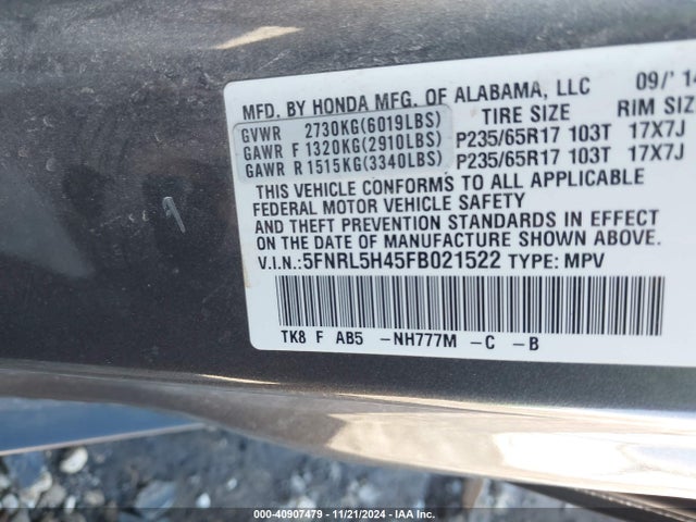 Honda ODYSSEY EX 2015 5FNRL5H45FB021522 Image 9