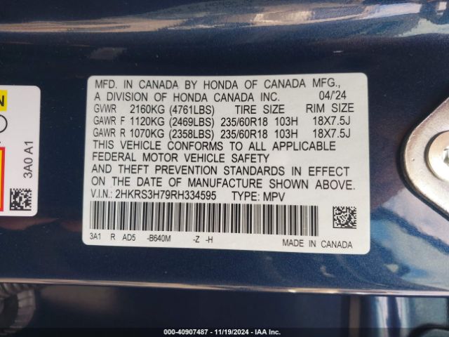 2HKRS3H79RH334595 Honda Cr-v Ex-l 2wd