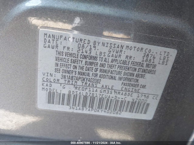 Nissan SENTRA SV 2019 3N1AB7AP0KY402082 Image 9