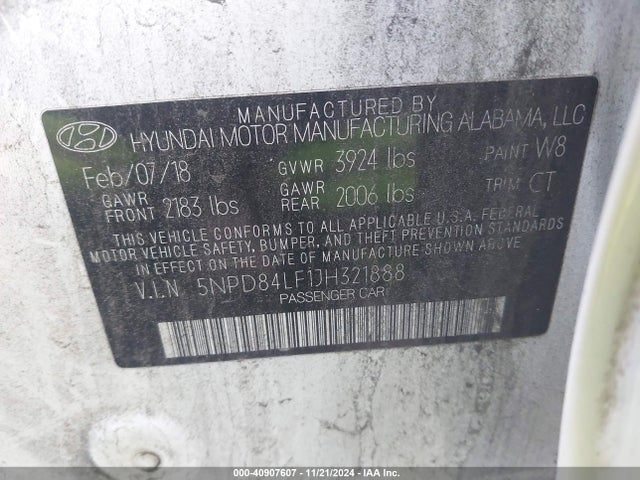 5NPD84LF1JH321888 Hyundai ELANTRA SEL