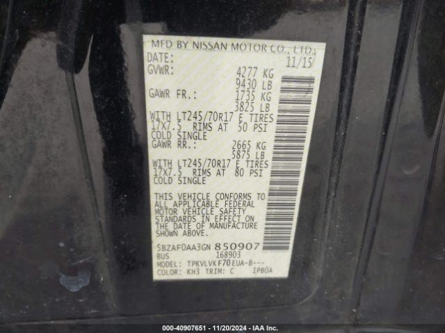 5BZAF0AA3GN850907 Nissan Nv Passenger Nv3500 Hd Sl V8