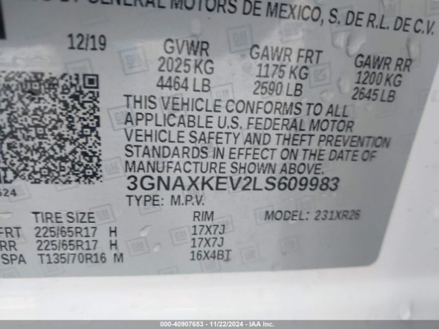 3GNAXKEV2LS609983 Chevrolet Equinox Fwd Lt 1.5l Turbo