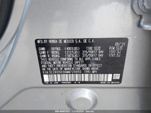 3CZRU5H36MM729950 Honda Hr-v 2wd Lx