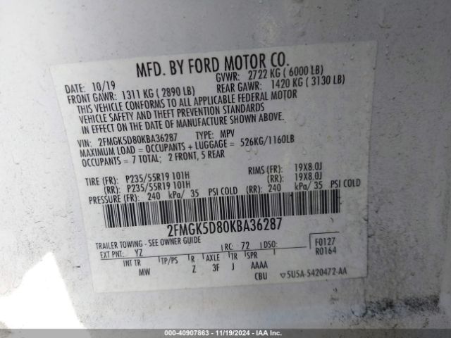 2FMGK5D80KBA36287 Ford Flex Limited