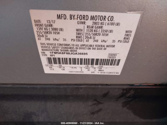 1FM5K8F88JGA36695 Ford Explorer Limited