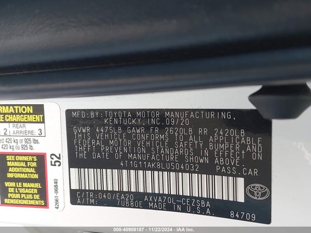 Toyota CAMRY SE 2020 4T1G11AK8LU504032 Image 9