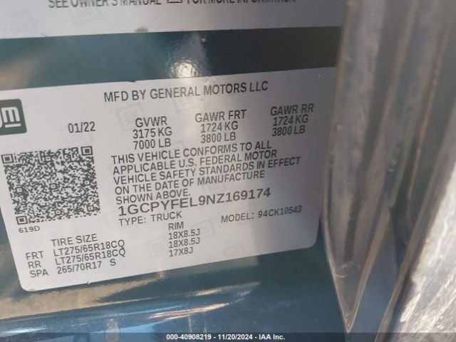 1GCPYFEL9NZ169174 Chevrolet Silverado 1500 Ltd 4wd  Short Bed Lt Trail Boss