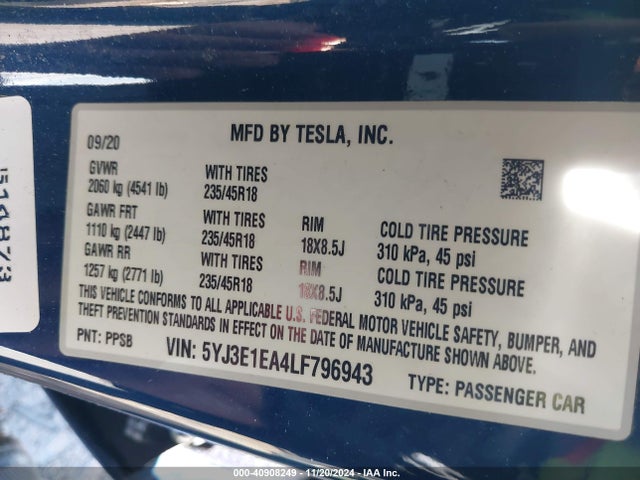 2020 TESLA MODEL 3 5YJ3E1EA4LF796943 Photo 8