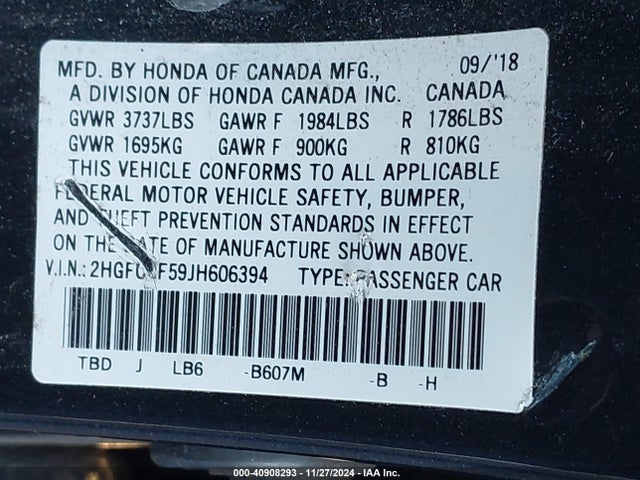 Honda Civic Lx 2018 2HGFC2F59JH606394 Image 9