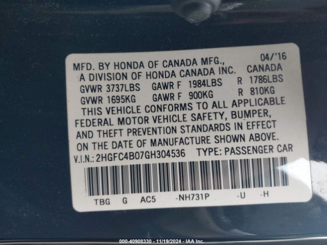 2HGFC4B07GH304536 Honda Civic Lx-p