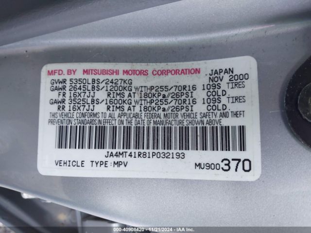 2001 MITSUBISHI MONTERO SPORT JA4MT41R81P032193 Photo 8