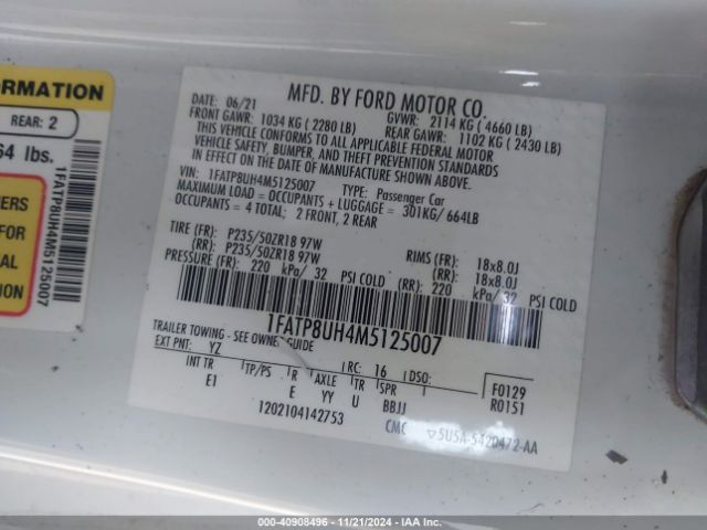 1FATP8UH4M5125007 Ford Mustang Ecoboost Premium