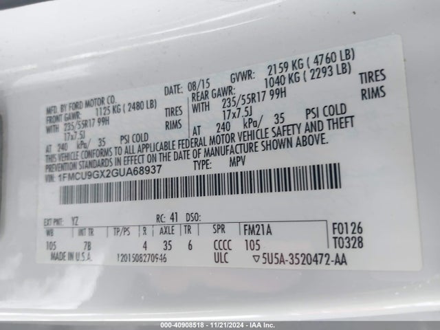 Ford ESCAPE SE 2016 1FMCU9GX2GUA68937 Image 9