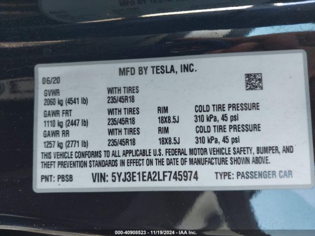 5YJ3E1EA2LF745974 Tesla Model 3 Standard Range Plus Rear-wheel Drive/standard Range Rear-wheel Drive