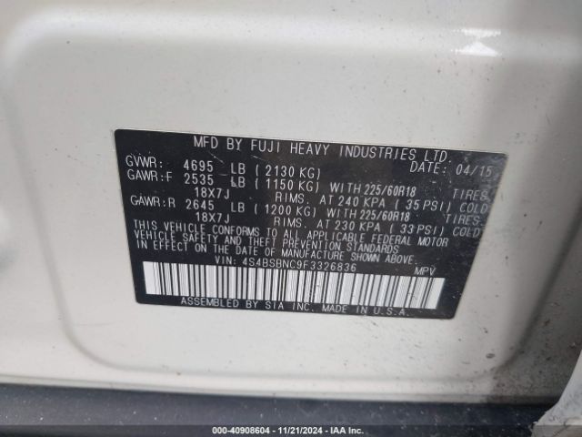 4S4BSBNC9F3326836 Subaru Outback 2.5i Limited