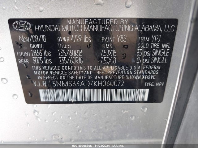 5NMS33AD7KH060072 Hyundai Santa Fe Sel Plus