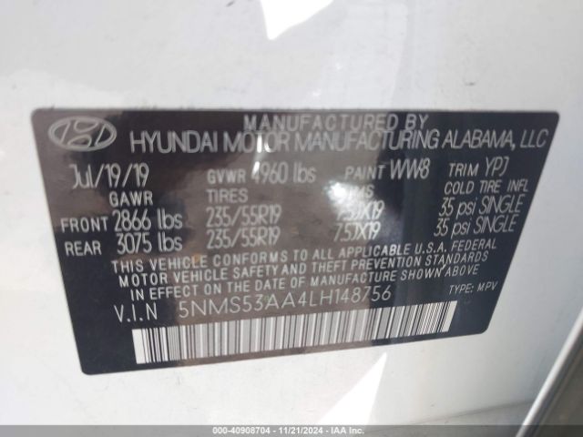 5NMS53AA4LH148756 Hyundai Santa Fe Limited 2.0t