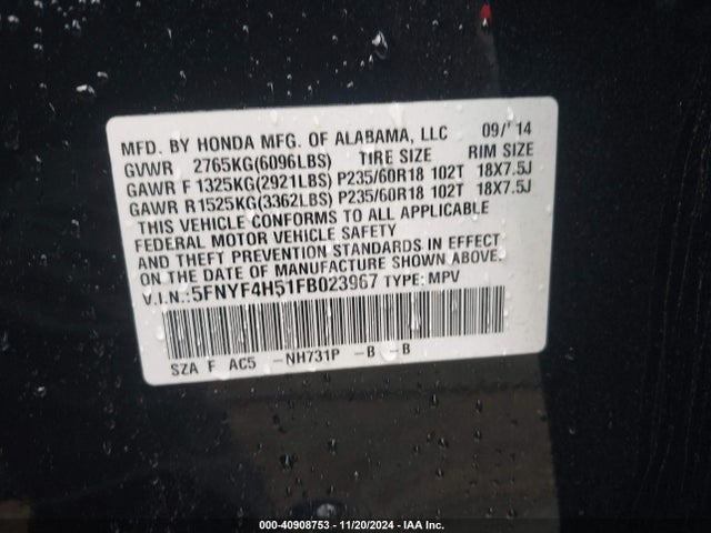 Honda Pilot Ex-l 2015 5FNYF4H51FB023967 Image 9
