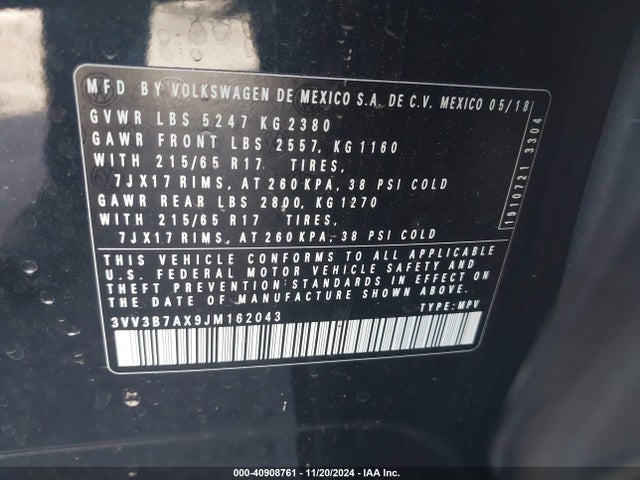 3VV3B7AX9JM162043 Volkswagen Tiguan 2.0t Se/2.0t Sel