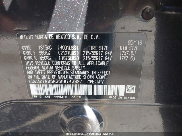 Honda HR-V LX 2016 3CZRU5H35GM743987 Image 9