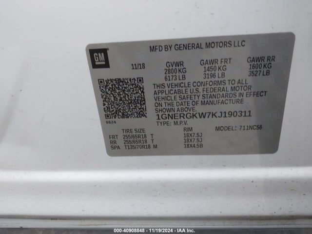 Chevrolet Traverse 1lt 2019 1GNERGKW7KJ190311 Image 9