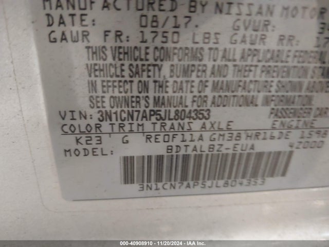Nissan Versa 1.6 Sv 2018 3N1CN7AP5JL804353 Image 9