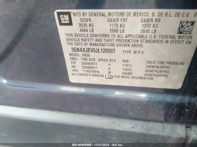 3GNAXJEV8JL126807 Chevrolet EQUINOX LT