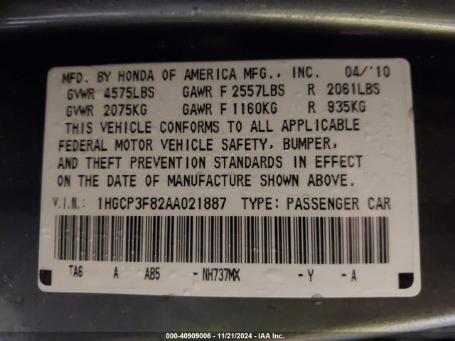 Auction sale of the 2010 Honda Accord 3.5 Ex-l, vin: 1HGCP3F82AA021887, lot number: 40909006