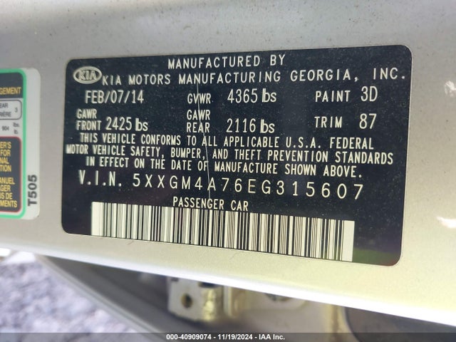 KIA Optima Lx 2014 5XXGM4A76EG315607 Image 9