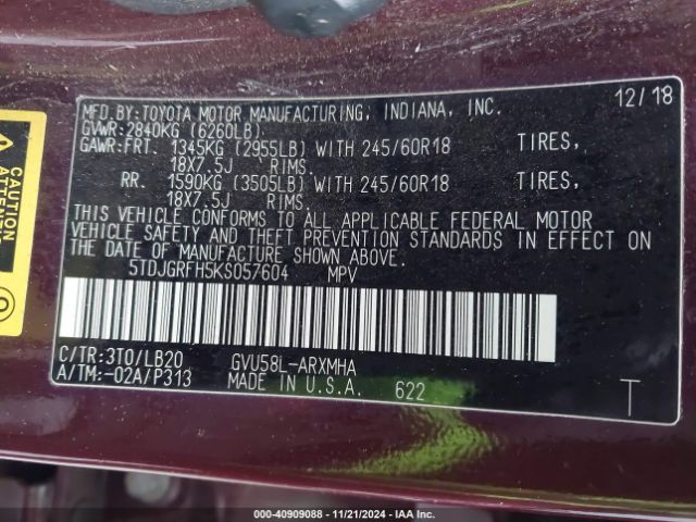 5TDJGRFH5KS057604 Toyota Highlander Hybrid Xle