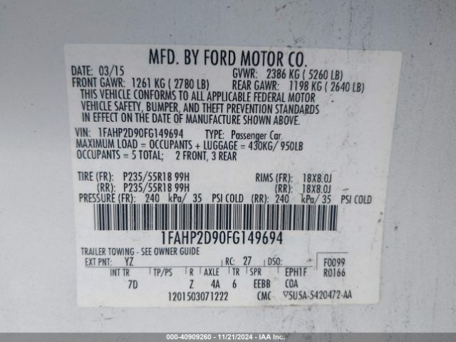 1FAHP2D90FG149694 Ford TAURUS SE