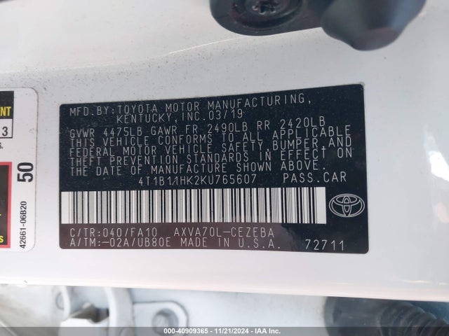4T1B11HK2KU765607 Toyota CAMRY L