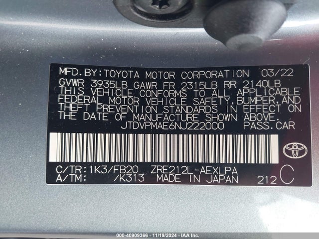 Toyota COROLLA LE 2022 JTDVPMAE6NJ222000 Image 9