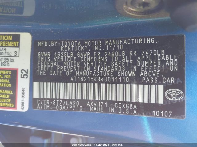 4T1B21HK8KU011110 Toyota Camry Hybrid Xle