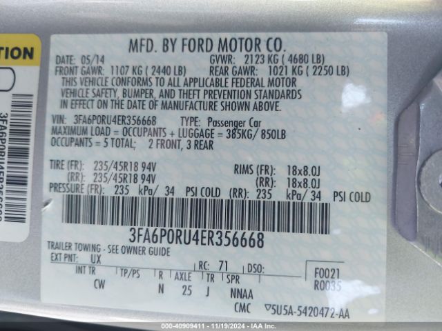 3FA6P0RU4ER356668 Ford Fusion Hybrid Titanium