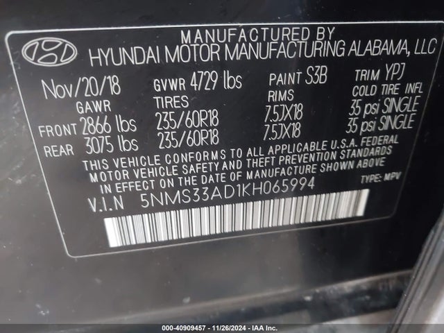 5NMS33AD1KH065994 Hyundai Santa Fe Sel Plus