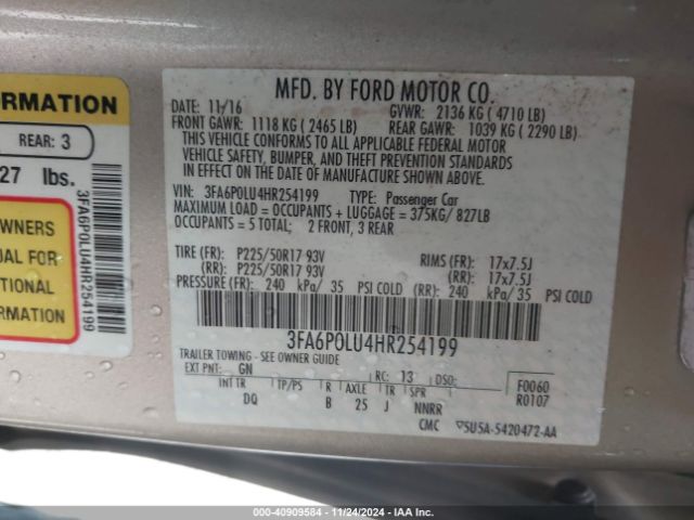 3FA6P0LU4HR254199 Ford Fusion Hybrid Se