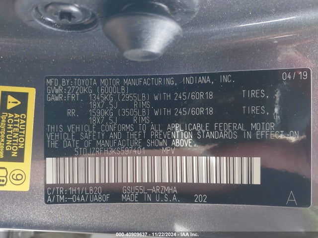 Toyota Highlander Xle 2019 5TDJZRFH3KS597401 Image 9