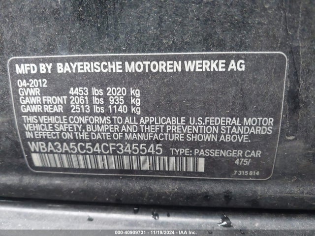 Aukcja sprzedaży 2012 Bmw 328i, vin: WBA3A5C54CF345545, numer aukcji: 40909731