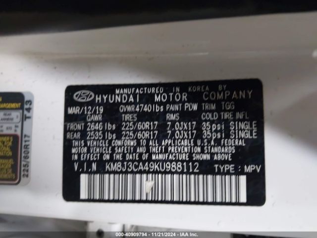 KM8J3CA49KU988112 Hyundai Tucson Value