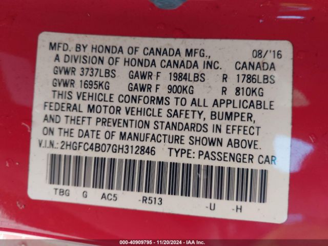 2HGFC4B07GH312846 Honda Civic Lx-p
