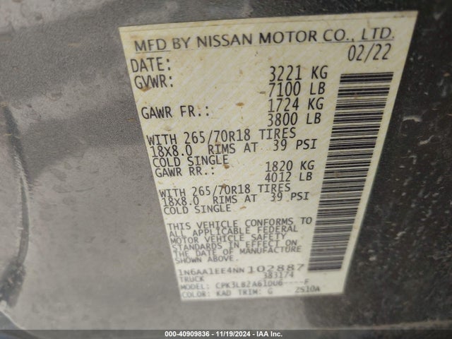 Nissan Titan Sv 4x2 2022 1N6AA1EE4NN102887 Image 9